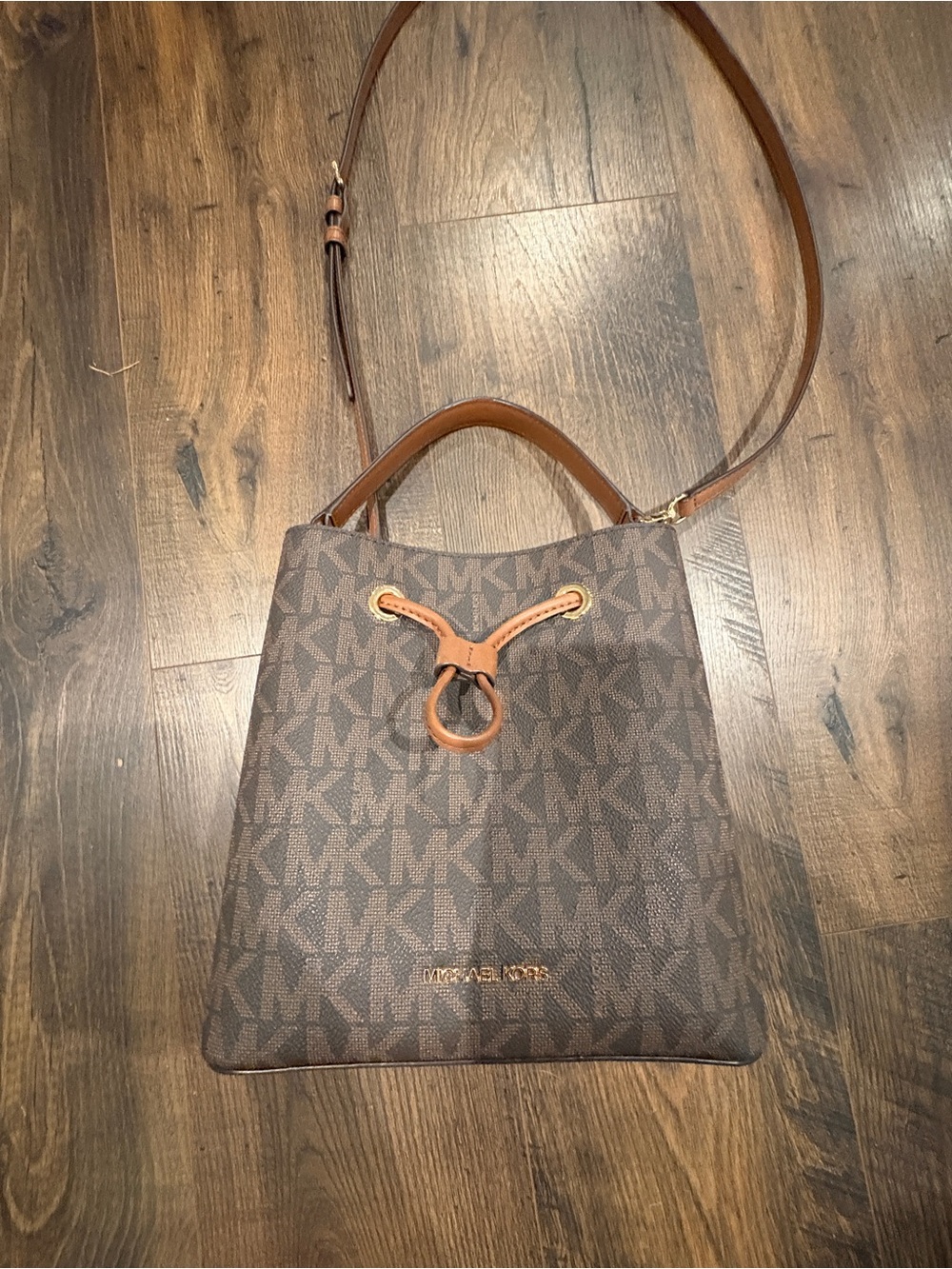 Michael Kors Brown Monogram Drawstring Crossbody Bag with Tan Trim